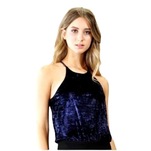 Greylin Tops - Greylin Navy Blue Velvet Spaghetti Strap Halter Neckline Clarissa Bodysuit XS